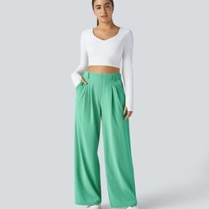 H27.- High Waisted Plicated Side Pocket Wide Leg Waffle Pants Size Small Petite